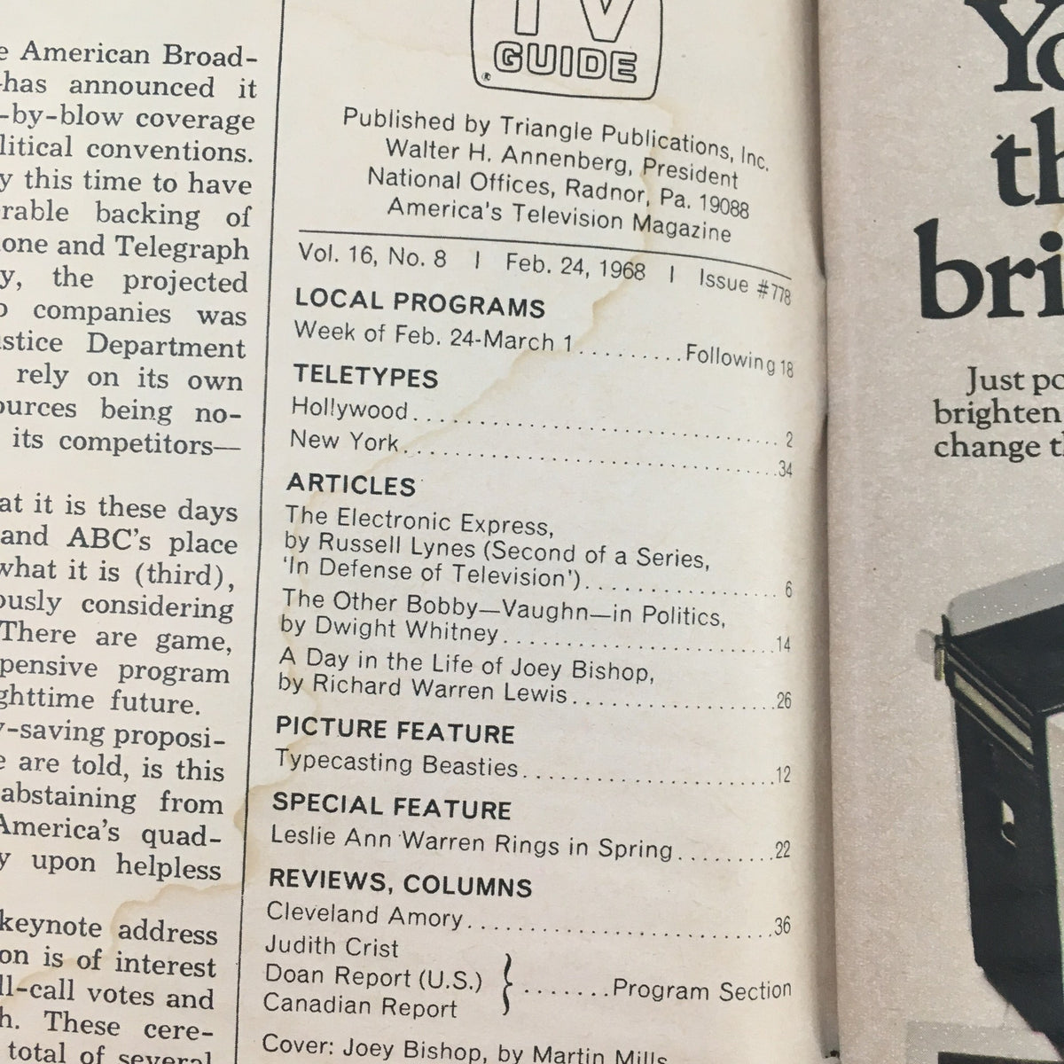 Interior page of TV Guide February 24 1968 #778 featuring articles on television programming and local listings.