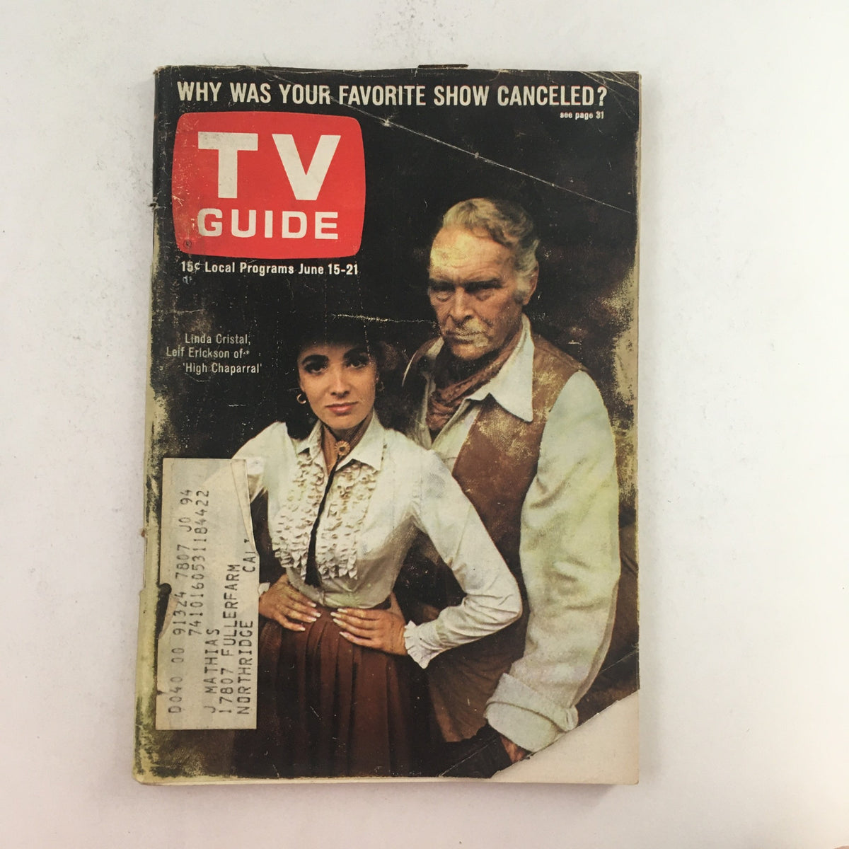 Cover of TV Guide dated June 15, 1968, featuring Linda Cristal and Leif Erickson, showcasing vintage television history and local programs from that time.