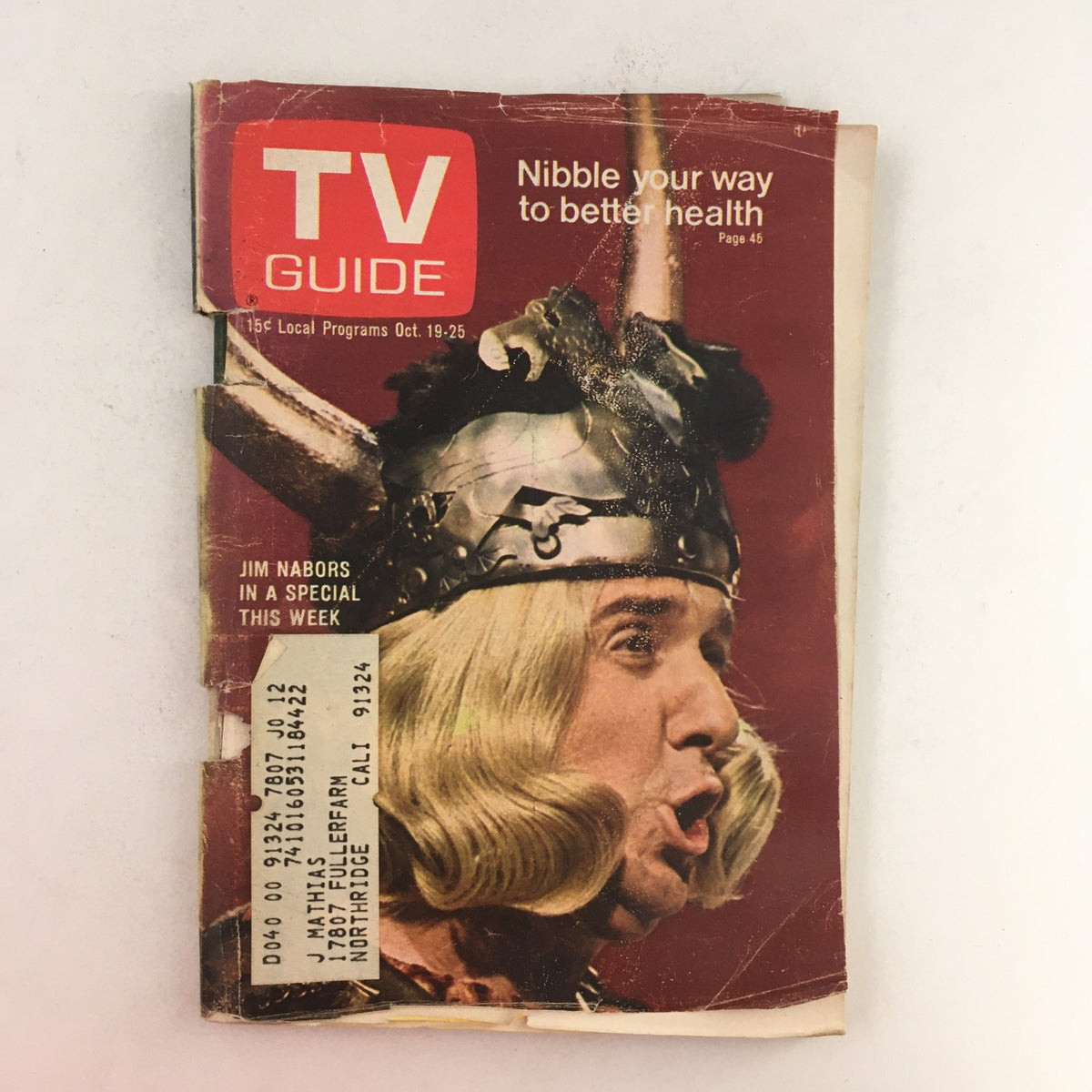 TV Guide October 19 1968 #812 featuring Jim Nabors in a comedic costume. Vintage magazine cover with address label, showcasing a piece of television history from Los Angeles.