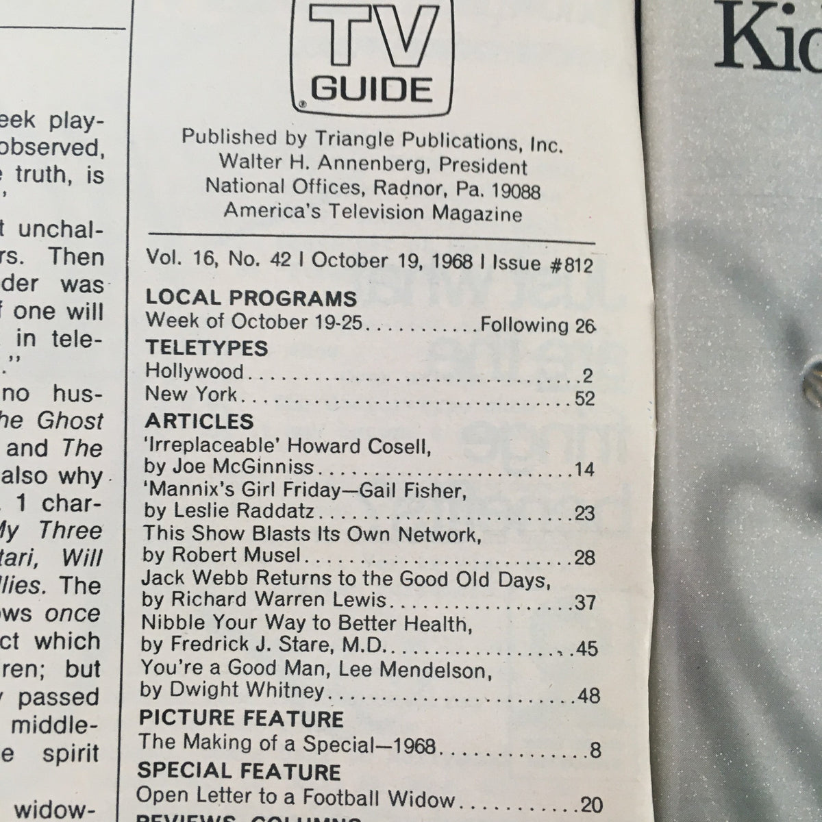 Inside page of TV Guide October 19 1968 #812 featuring articles and program listings.