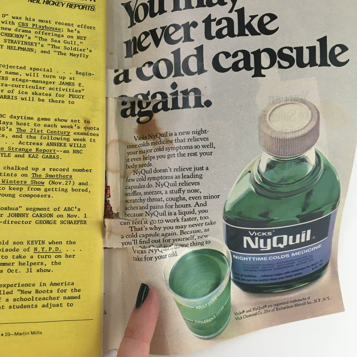 Vicks NyQuil advertisement featured in TV Guide October 19 1968 #812 highlighting cold medicine.