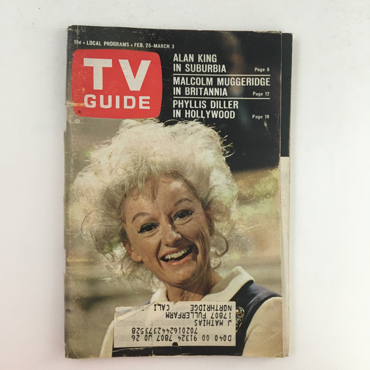 TV Guide February 25 1967 #726 featuring Phyllis Diller on the cover, showcasing her iconic style and vibrant personality in Hollywood, Los Angeles CA.