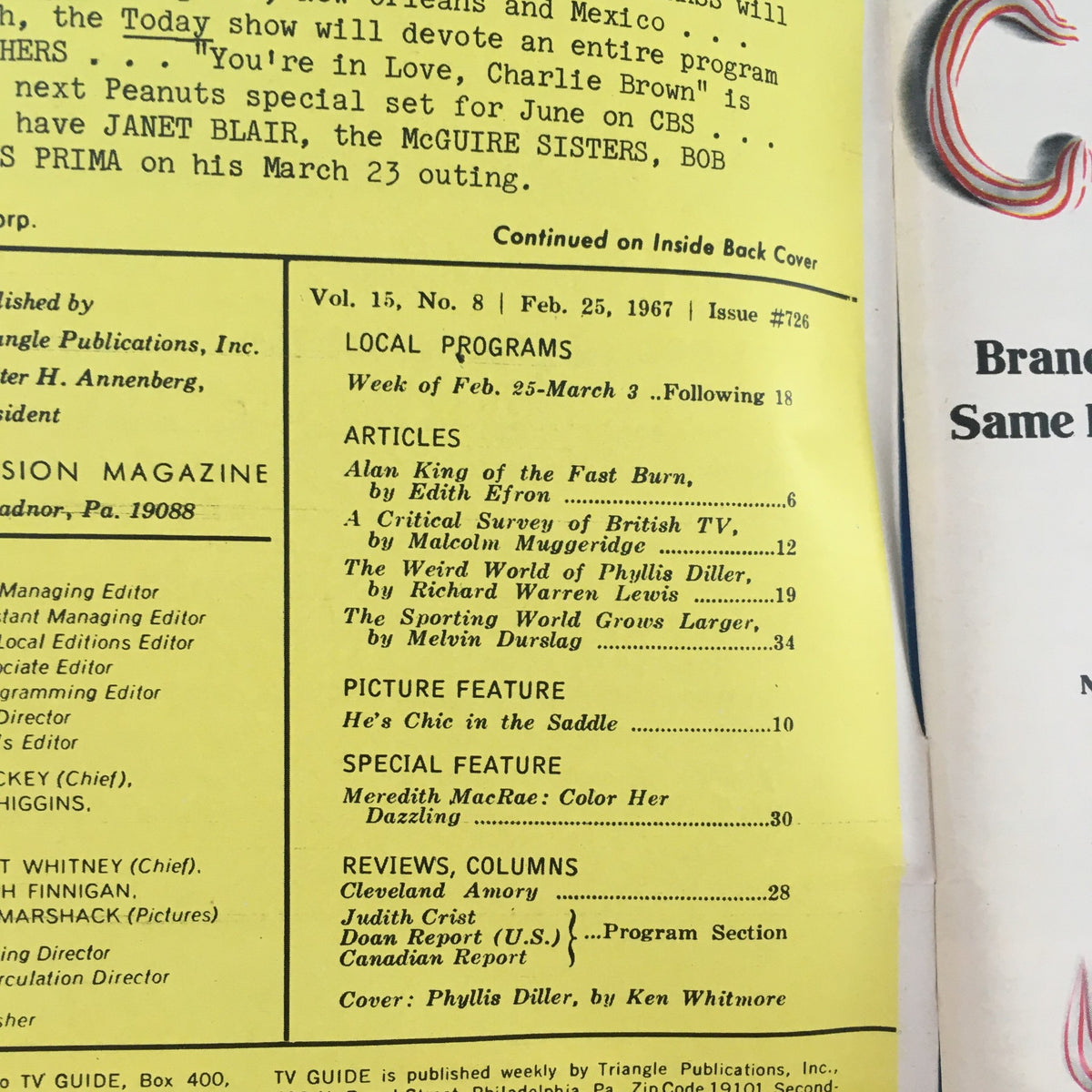 Interior of TV Guide February 25 1967 #726, detailing articles including those on Alan King and Phyllis Diller, reflecting the television landscape of the 1960s.