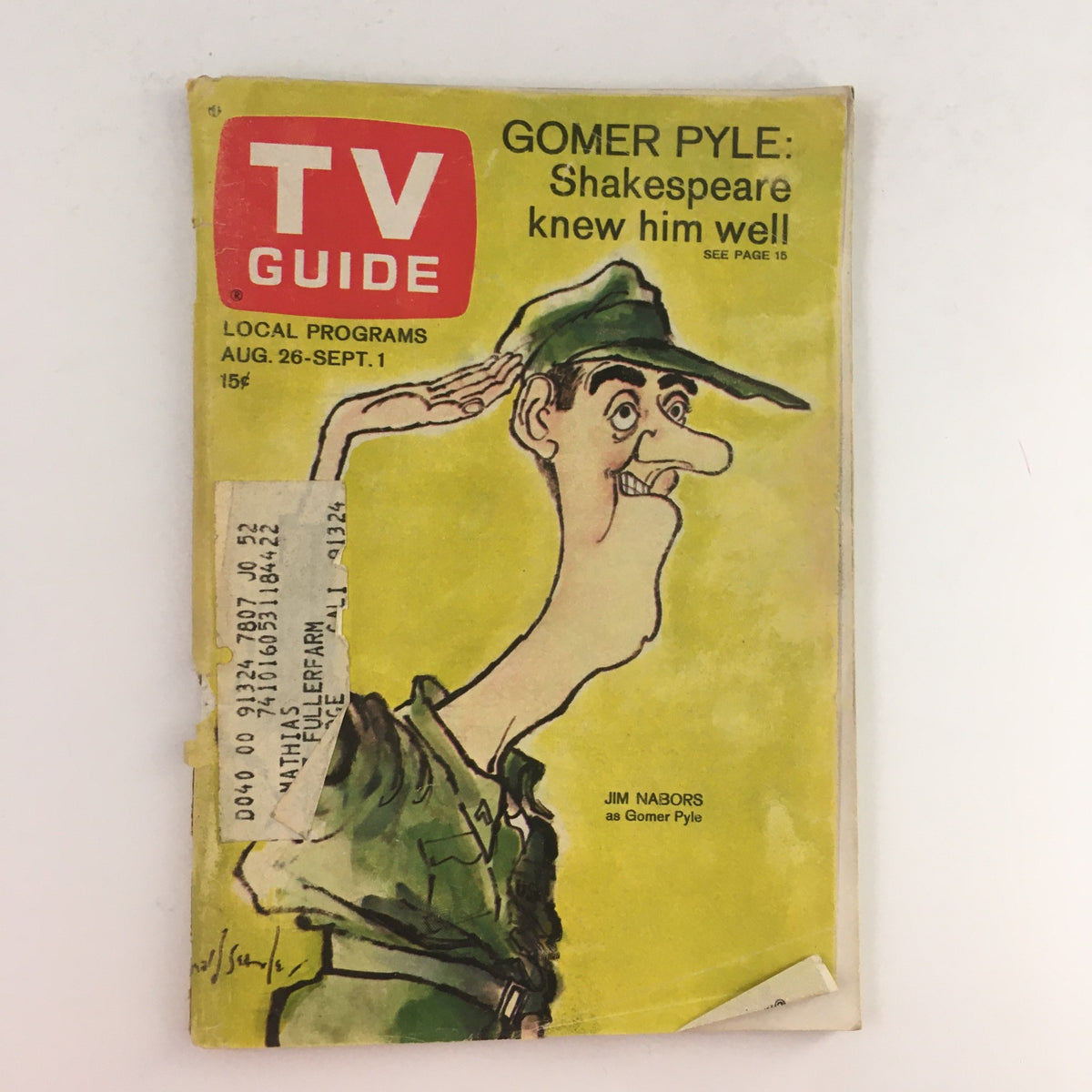 Cover of TV Guide August 26 1967 featuring Jim Nabors as Gomer Pyle, depicting a colorful caricature of the character saluting with the title highlighting Los Angeles local programs.