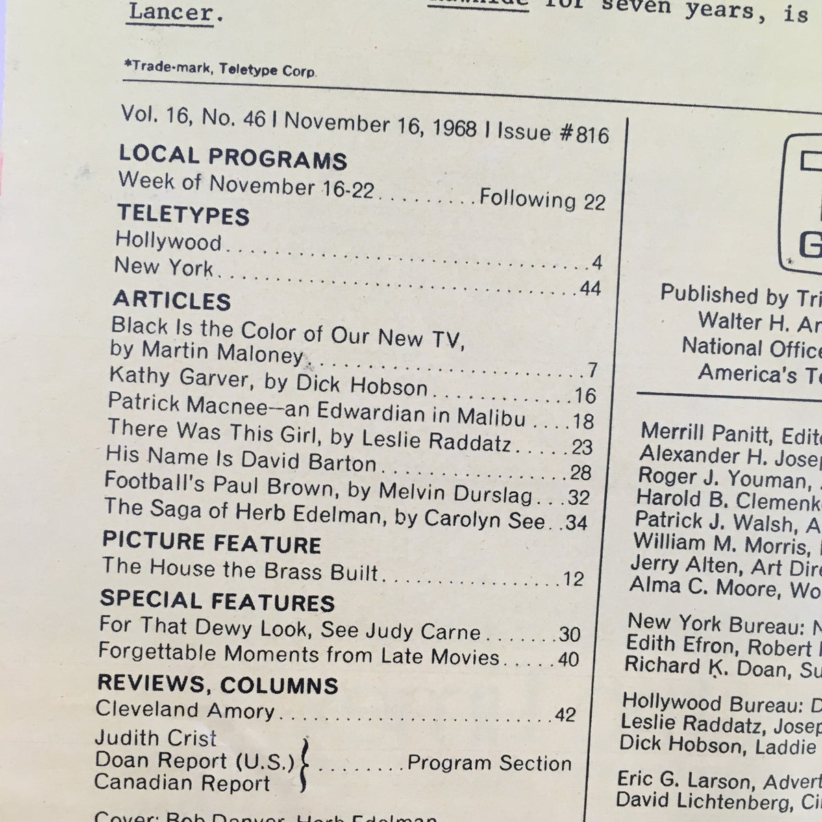 Inside page of TV Guide November 16 1968, displaying articles and program listings, reflecting the television content of that era.