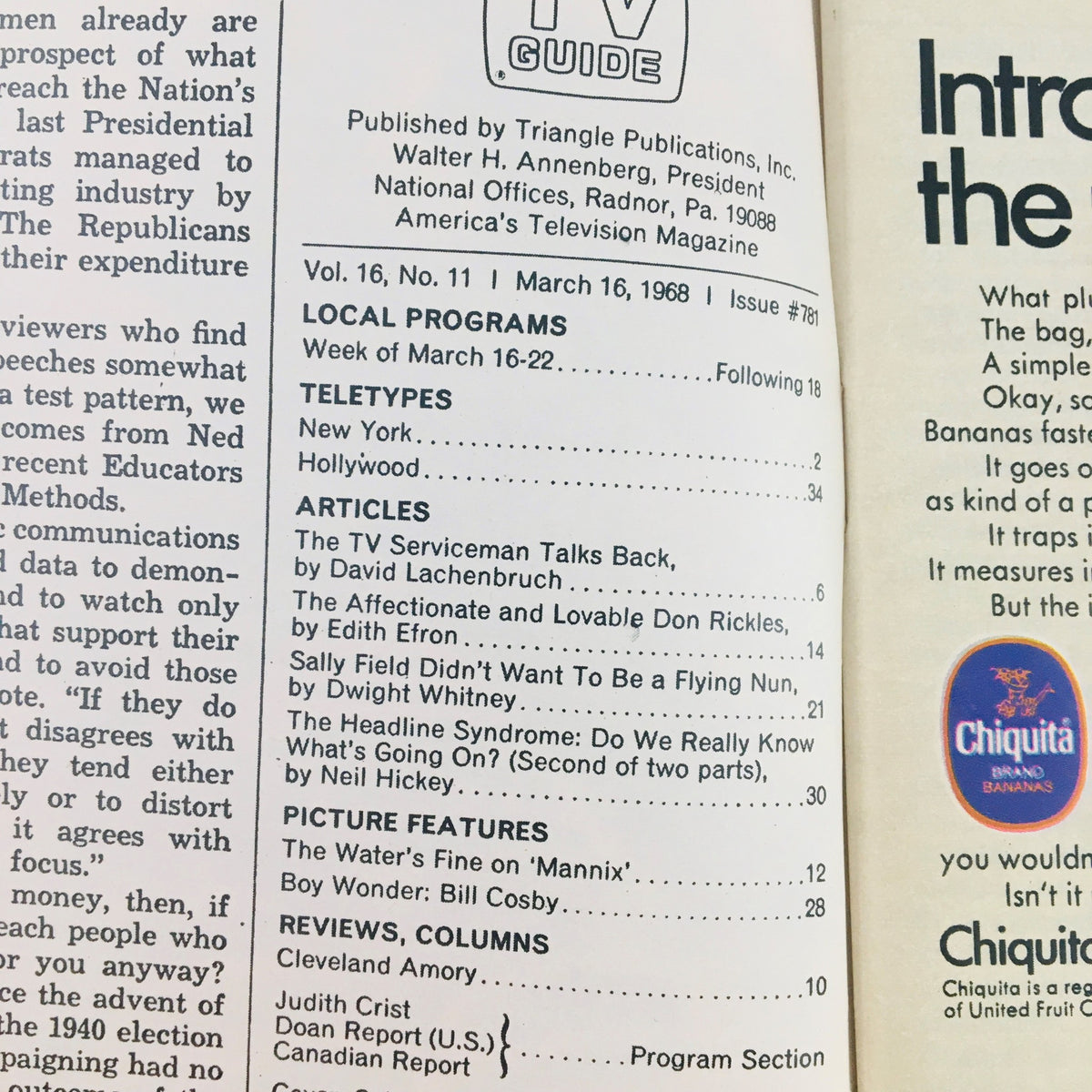 Inside page of TV Guide from March 16, 1968, detailing local programs and articles including a profile on Sally Field, emphasizing the magazine's connection to classic television.