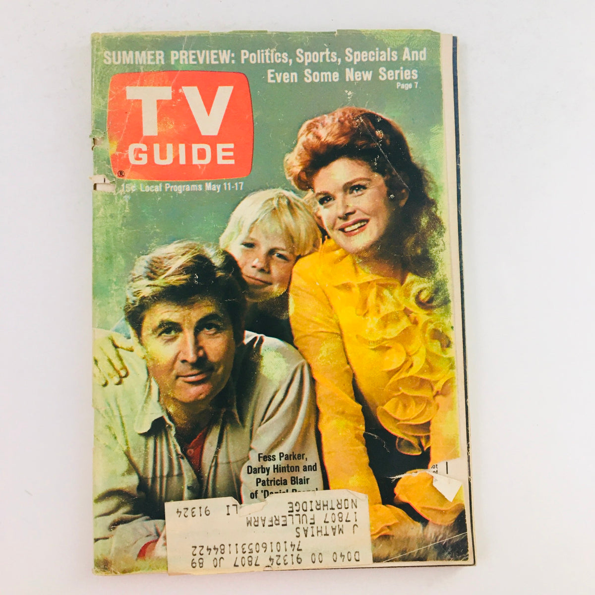 TV Guide May 11 1968 Vol 16 #19 featuring Fess Parker, Darby Hinton, and Patricia Blair on the cover. The magazine displays vibrant colors and vintage design, showcasing the nostalgia of classic television.