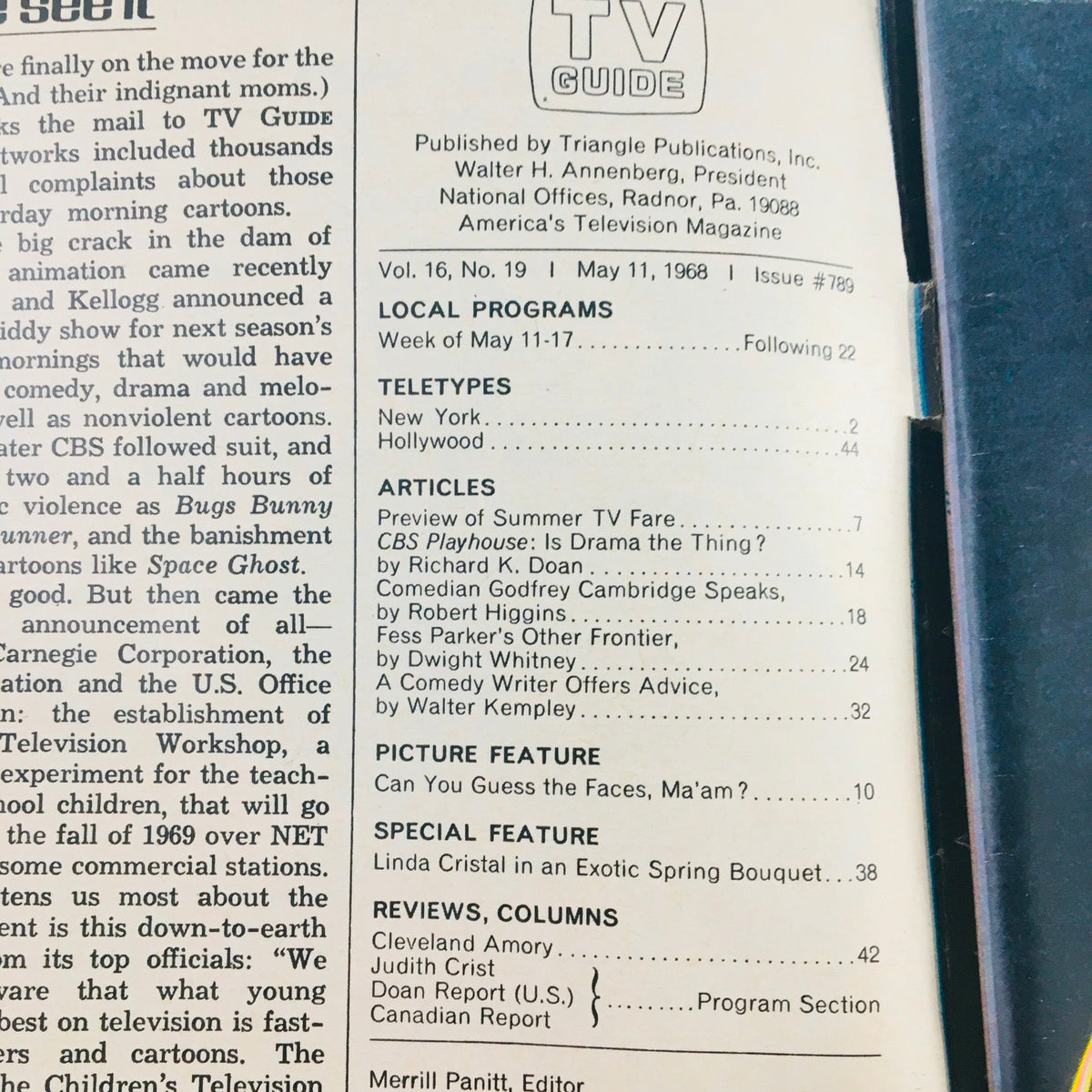 Inside page of TV Guide May 11 1968 Vol 16 #19, detailing local programs and articles about television shows and events of that era, highlighting the magazine's historical significance in television history.
