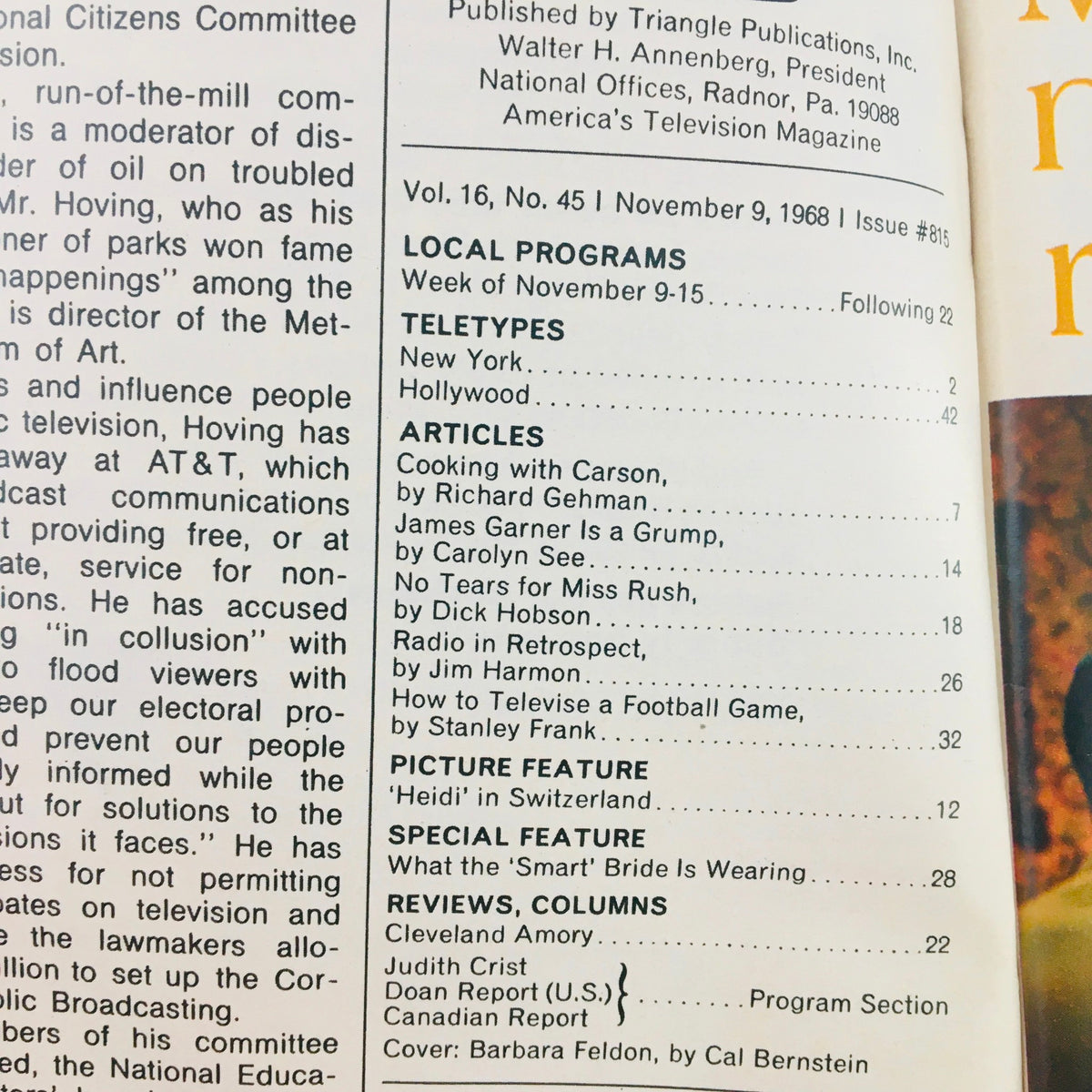 Inside page of the TV Guide November 9 1968 Vol 16 #45, showcasing articles, features, and local programming listings, including a cover mention of Barbara Feldon.