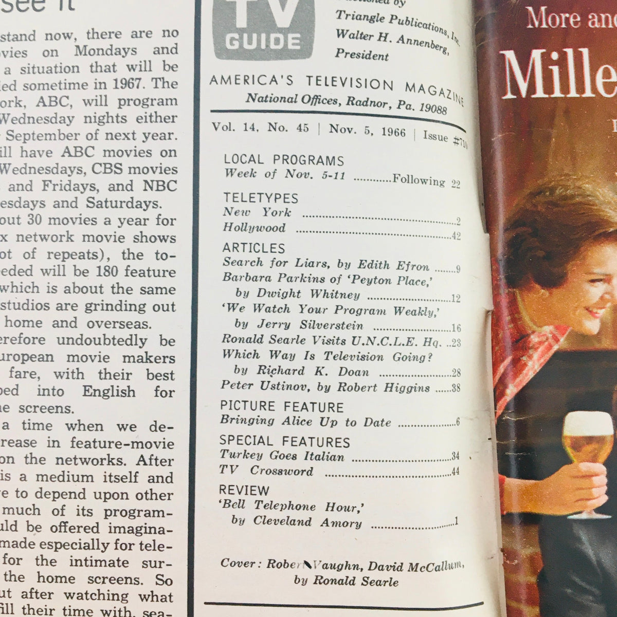 Interior page of TV Guide November 5 1966 Vol 14 #45 detailing local programs, articles, and features about television, showcasing the publication's content and structure.