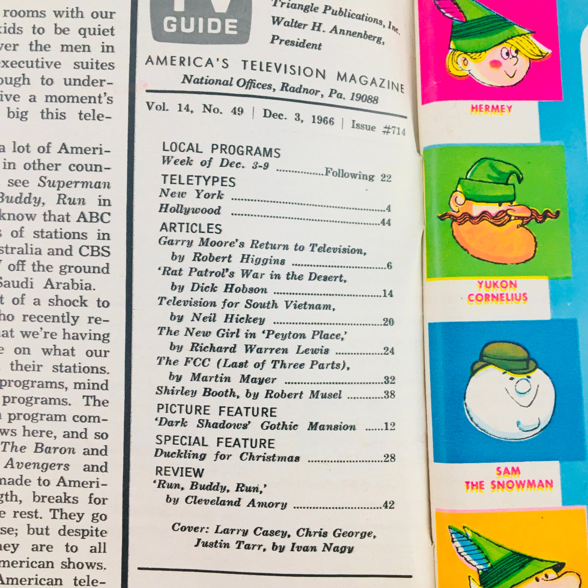 Interior page of TV Guide December 3, 1966, Vol 14 #49 displaying articles and local program listings, capturing the essence of 1960s television.