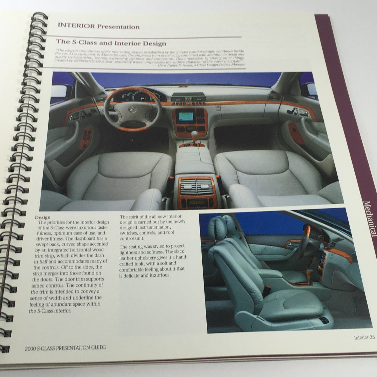 Interior design page of the 2000 Mercedes-Benz S-Class Presentation Guide, illustrating the luxurious interior features and design elements.