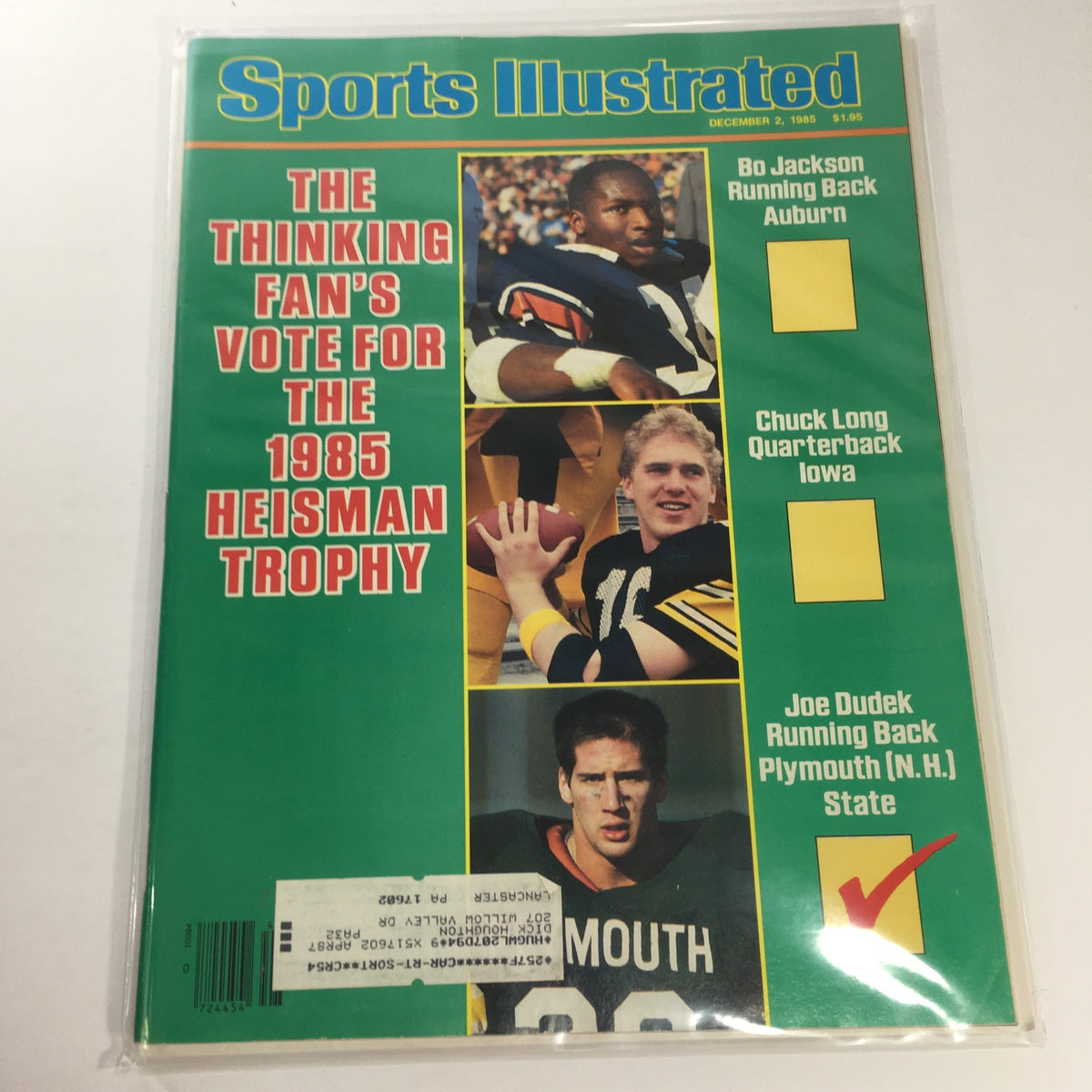 Cover of Sports Illustrated, December 2, 1985, featuring Bo Jackson, Chuck Long, and Joe Dudek, highlighting the 1985 Heisman Trophy candidates with eye-catching graphics.