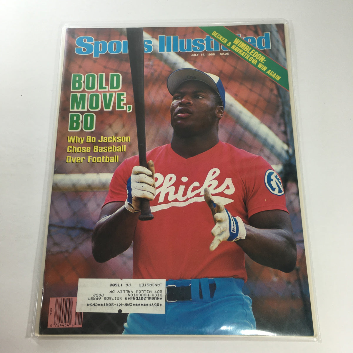 Cover of Sports Illustrated dated July 14, 1986, featuring the headline 'BOLD MOVE, BO' discussing Bo Jackson's choice of baseball over football, with an image of Bo Jackson holding a baseball bat wearing a red 'Chicks' jersey.