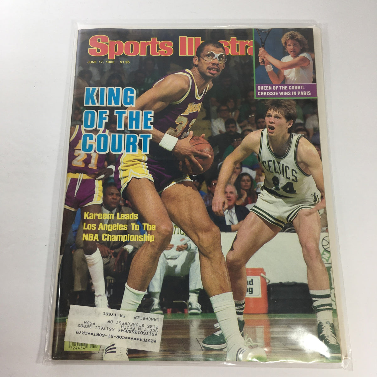 Cover of Sports Illustrated magazine from June 17, 1985 featuring Kareem Abdul-Jabbar with the title 'King Of The Court'. The cover highlights Kareem leading Los Angeles to the NBA Championship, showcasing vibrant images of players in action.