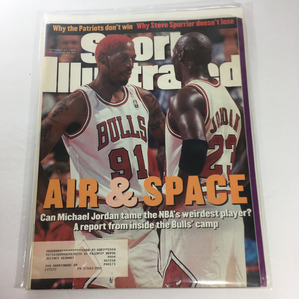 Cover of Sports Illustrated dated October 23, 1995, featuring an article titled 'Air & Space' about Michael Jordan and Dennis Rodman with taglines discussing their dynamics on the Chicago Bulls. The cover showcases the two players in their Bulls uniforms.