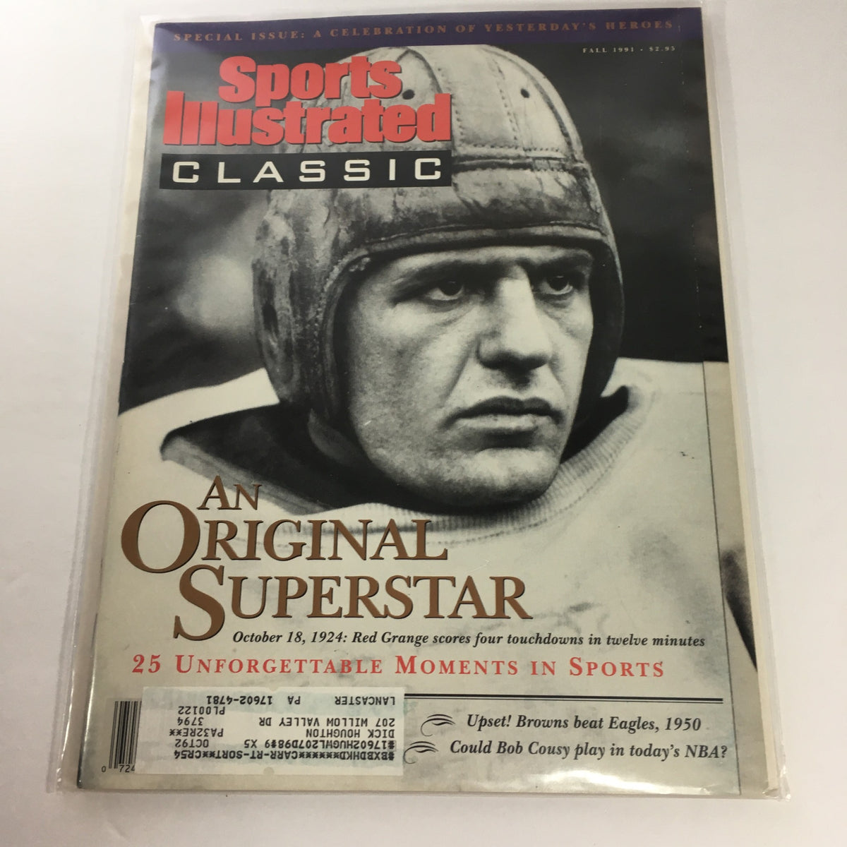 Cover of the Sports Illustrated Classic, October 18, 1991, featuring Red Grange, titled 'An Original Superstar.' The cover highlights Grange's historic achievement of scoring four touchdowns in twelve minutes.