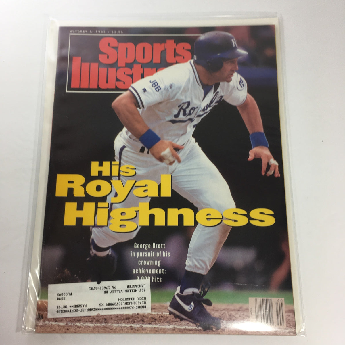 Cover of Sports Illustrated magazine from October 5, 1992, featuring George Brett, titled 'His Royal Highness'. The cover highlights Brett's pursuit of 3,000 career hits in Major League Baseball, showcasing him in a Kansas City Royals uniform.