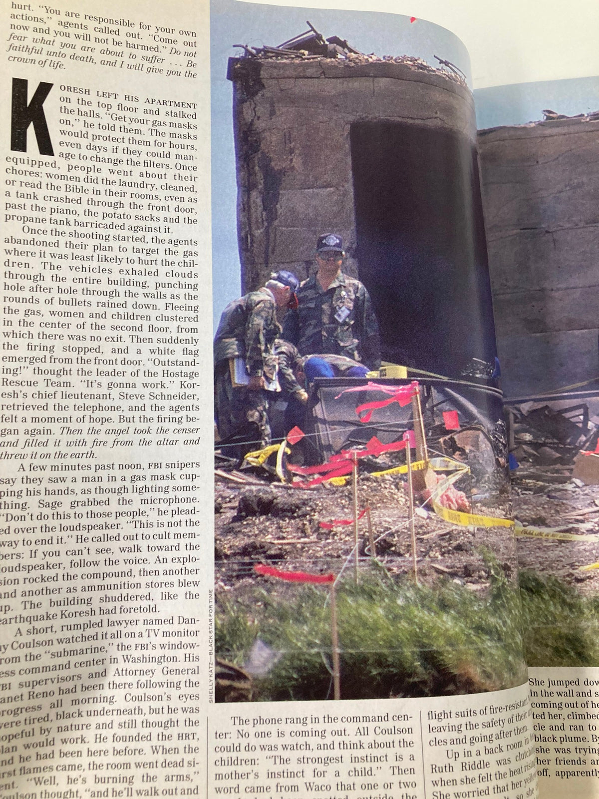 Inside Time Magazine May 3 1993, depicting agents in military gear at the scene of a significant event, with destruction visible in the background and a gripping narrative exploring themes of conflict and survival.