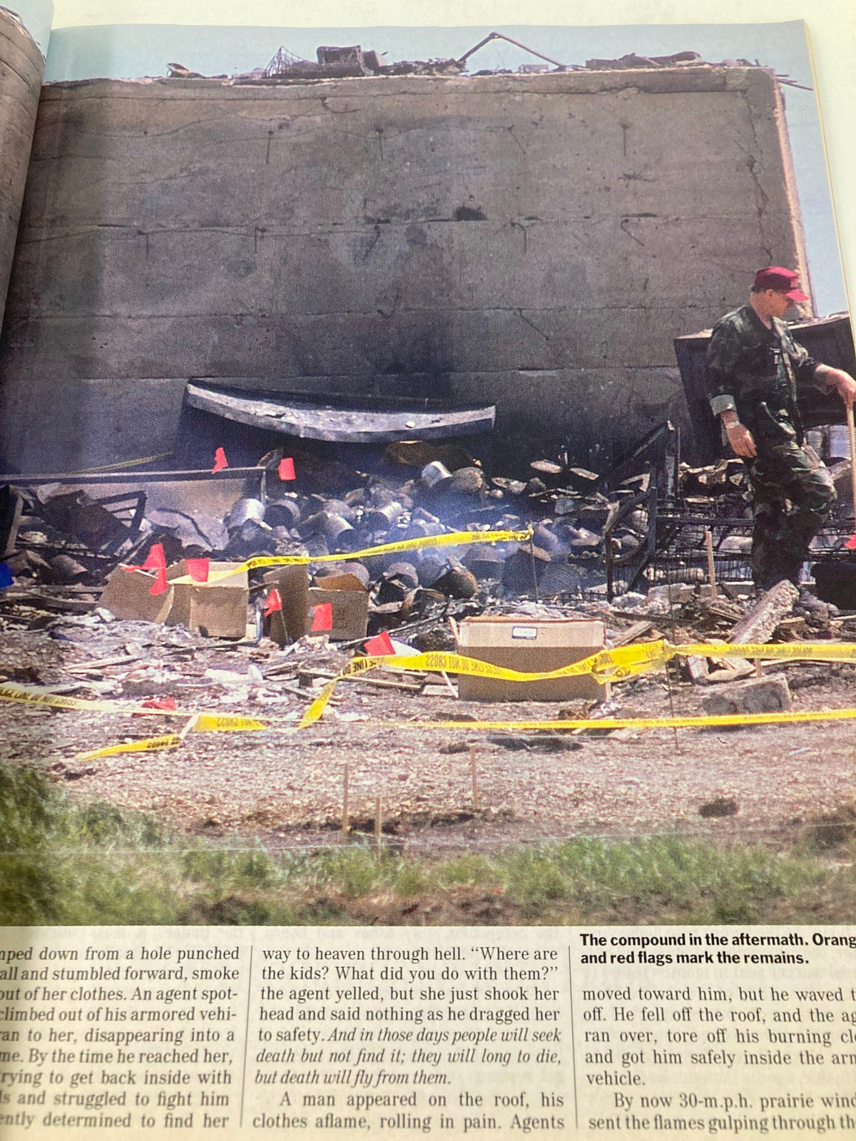 Time Magazine May 3 1993 features a photograph of the aftermath of a tragic event, showcasing debris and agents on-site amidst cautions signs, reflecting on the profound impact of the incident.