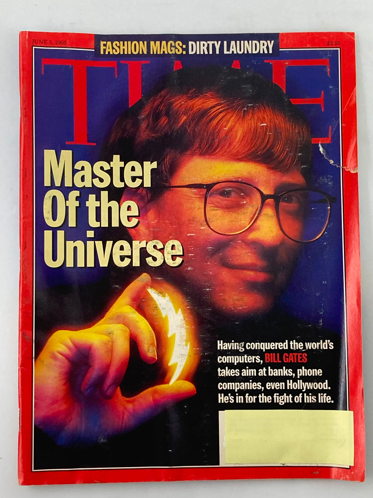 Time Magazine June 5 1995 cover featuring Bill Gates titled 'Master Of the Universe' showcasing Gates holding a lightning bolt symbol, indicative of his influence on technology.