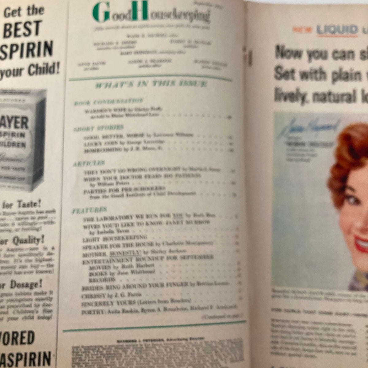 Interior pages of VTG Good Housekeeping Magazine September 1959, showcasing articles and advertisements related to home life and family, featuring the main article 'Warden's Wife.'