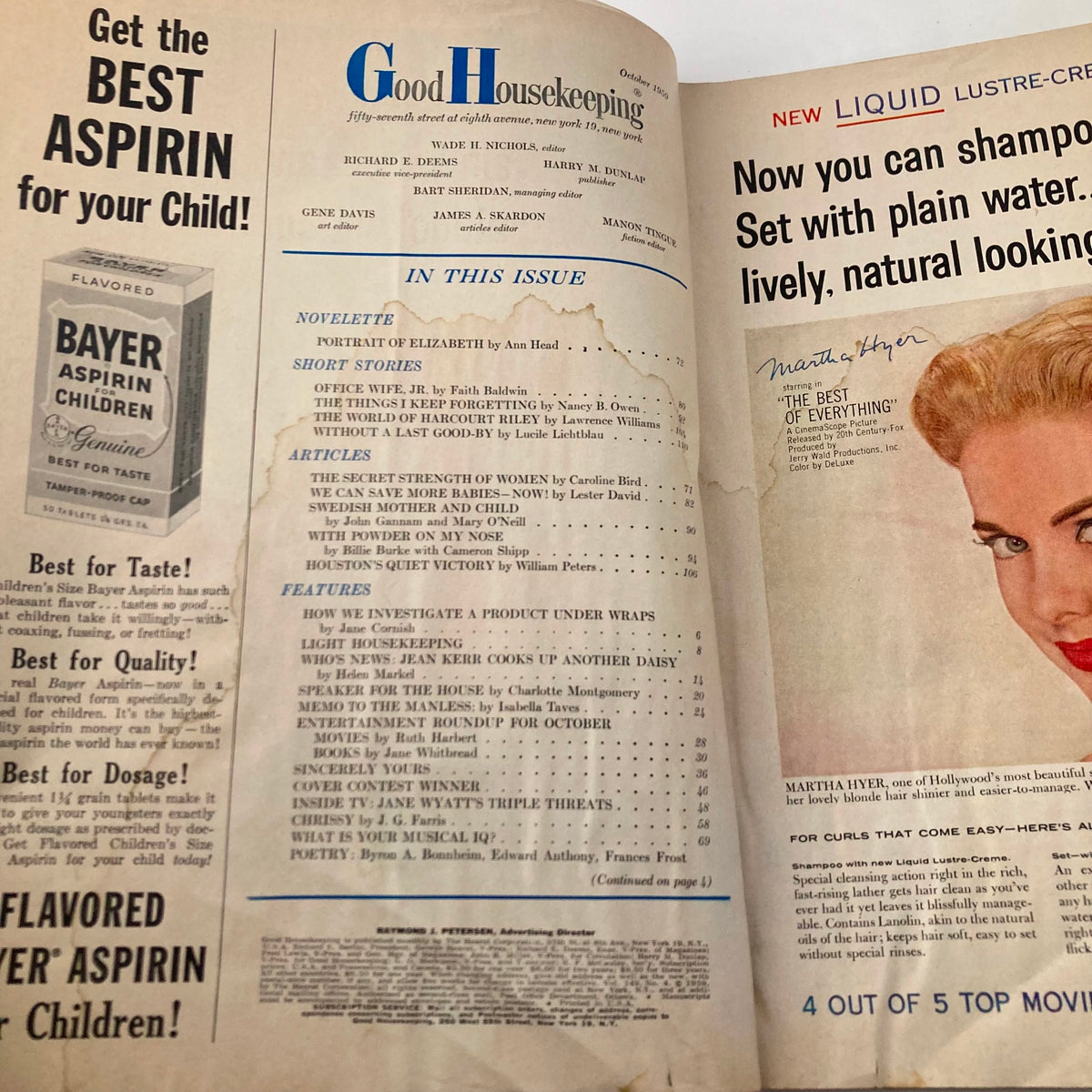 Inside view of VTG Good Housekeeping Magazine October 1959, displaying the table of contents with featured articles including 'The Secret Strength of Women' and advertisements, reflecting 1950s design and editorial style.