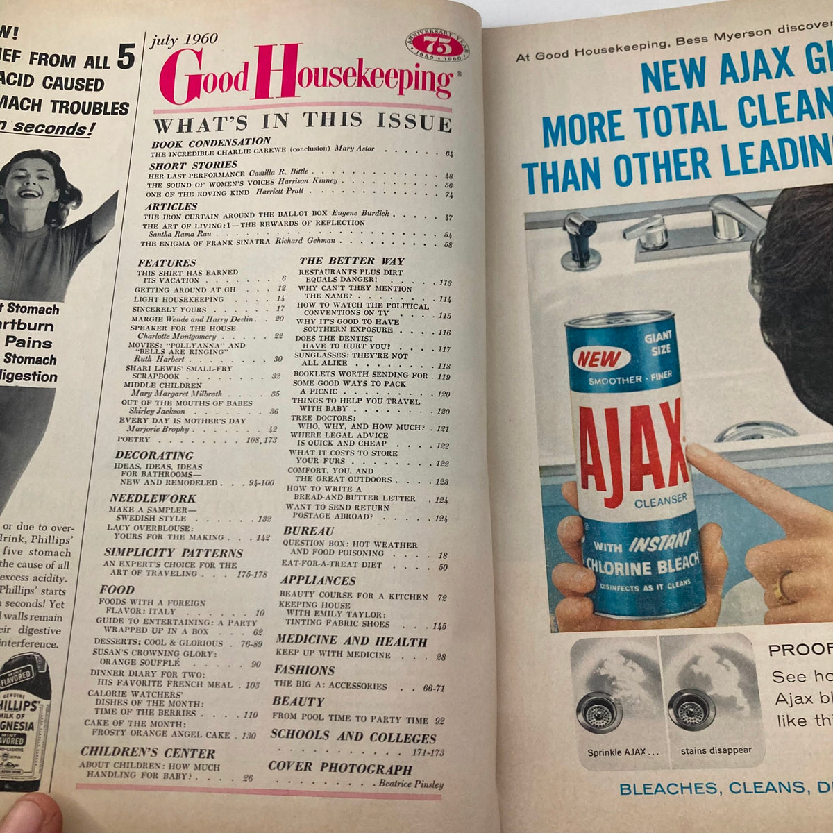 Inside page of VTG Good Housekeeping Magazine July 1960 showcasing the table of contents and featured articles including the expose on Frank Sinatra.
