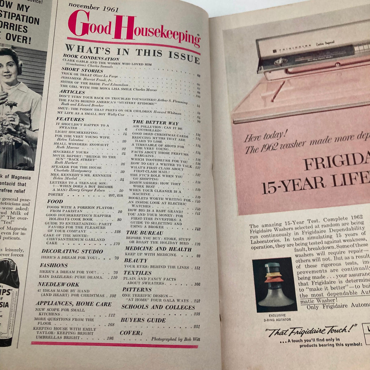 Inside page of VTG Good Housekeeping Magazine November 1961 illustrating the table of contents, showcasing articles including Clark Gable and his relationships.