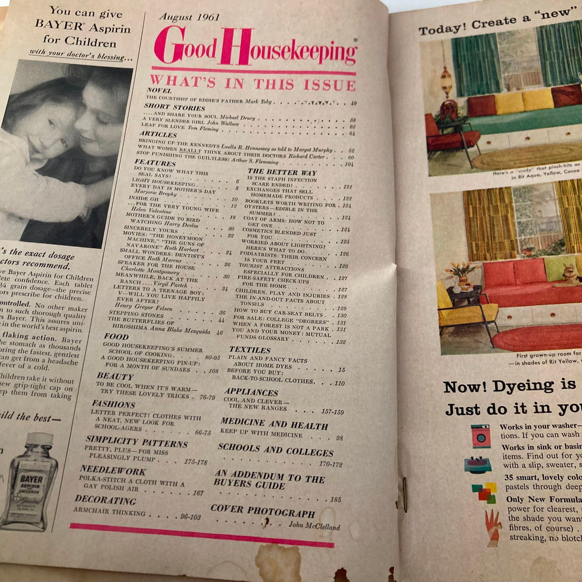 Interior page of VTG Good Housekeeping Magazine August 1961 displaying the table of contents, highlighting articles and features relevant to the culture of the 1960s.