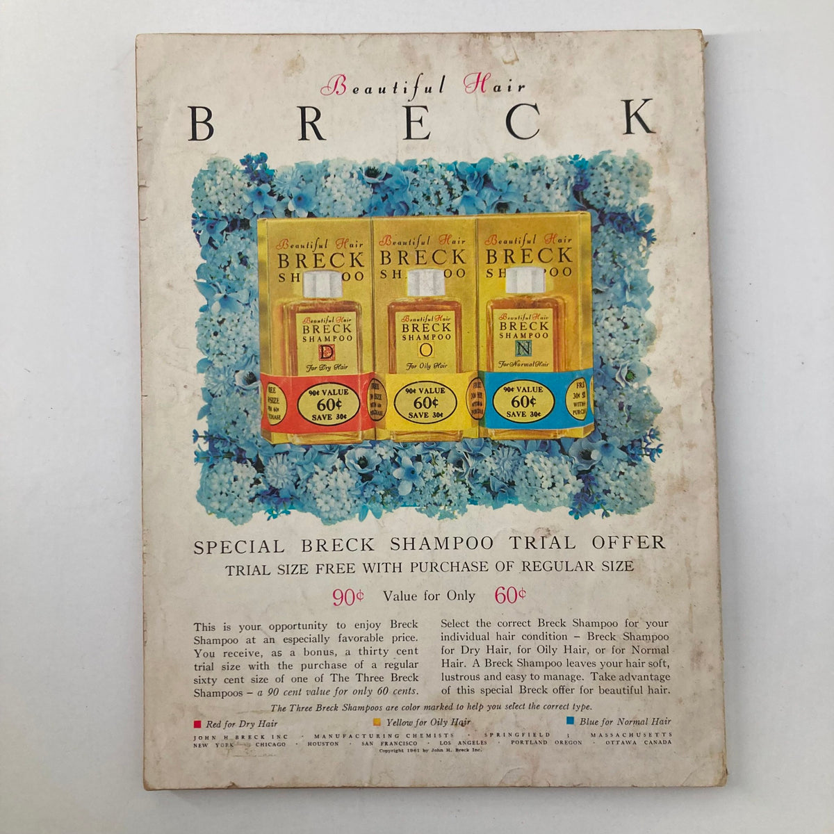 Back cover of VTG Good Housekeeping Magazine August 1961 advertising Breck Shampoo, illustrating typical product promotions from the era.