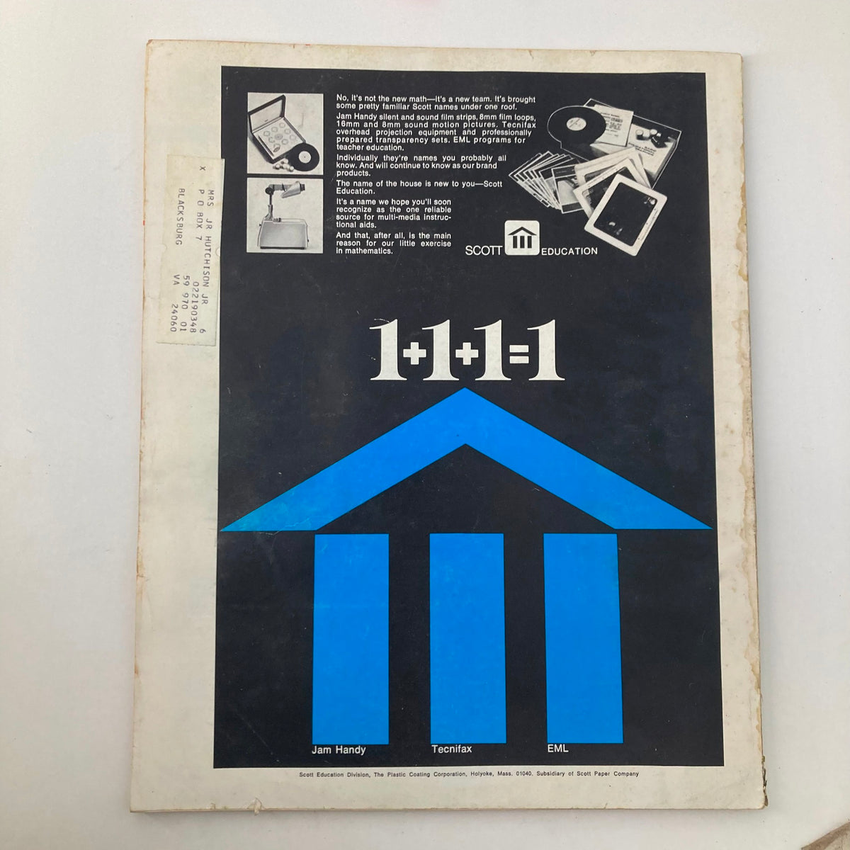 Back cover of the VTG Instructor Magazine June 1970 showcasing promotional content related to educational tools, featuring a blue design with mathematical imagery.