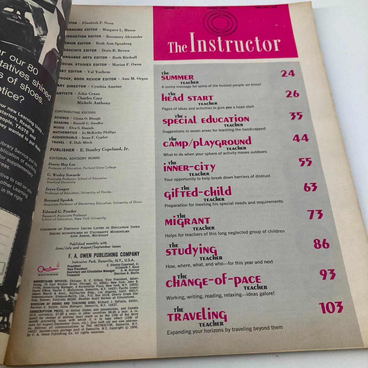 Interior page of VTG The Instructor Magazine June 1968 with a table of contents featuring educational articles and summer project topics for teachers.