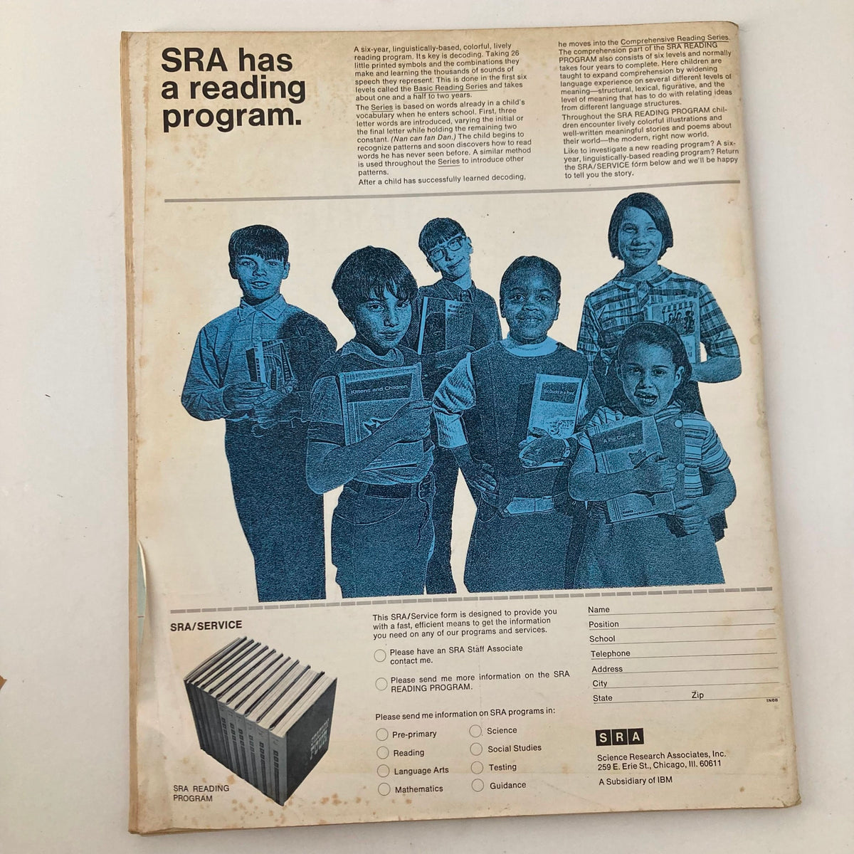 Back cover of VTG The Instructor Magazine June 1968 showcasing a reading program, with students holding books and an advertisement for the SRA Reading Program.