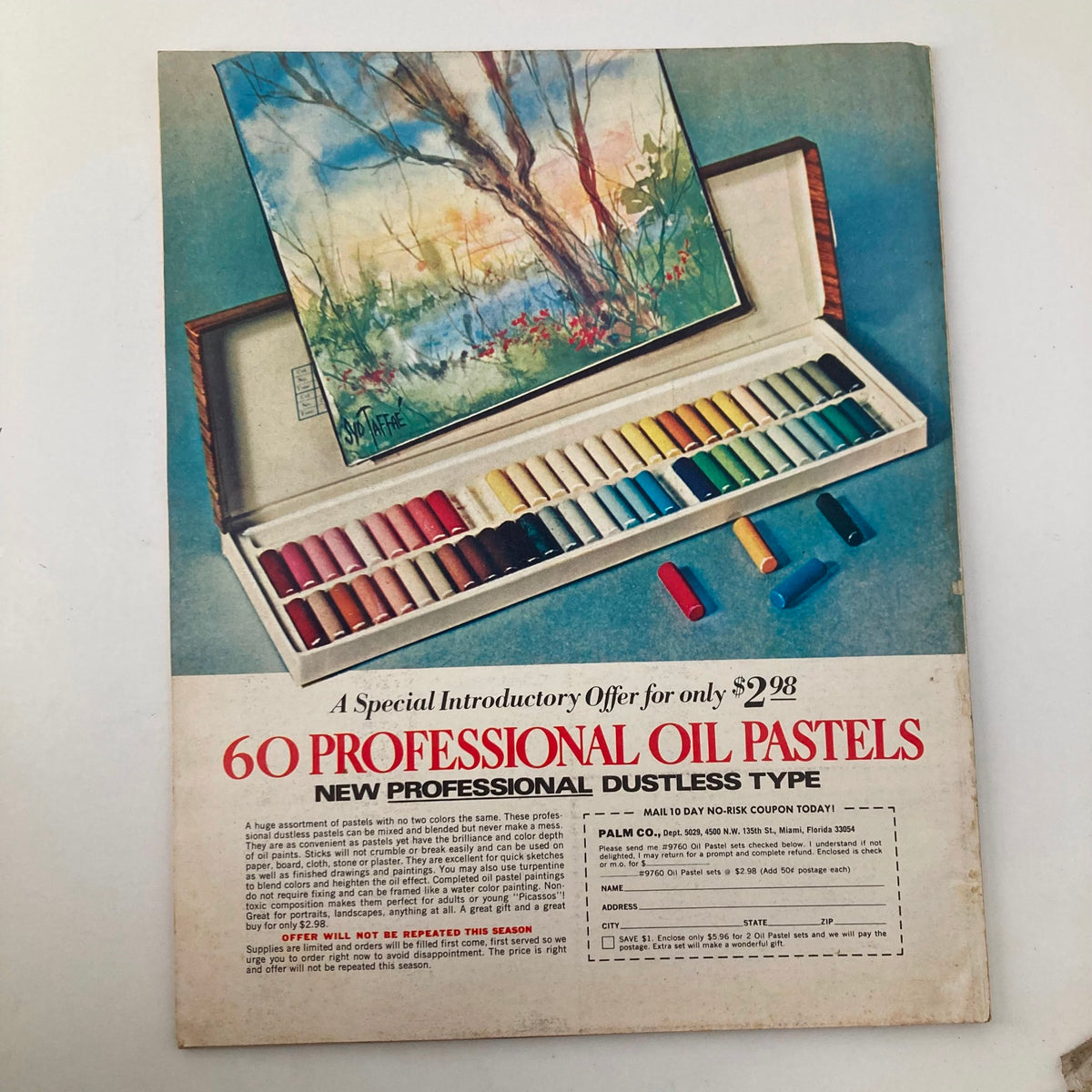 Advertisement from VTG Instructor Magazine May 1971 showcasing a special offer for 60 professional oil pastels with a scenic artwork.