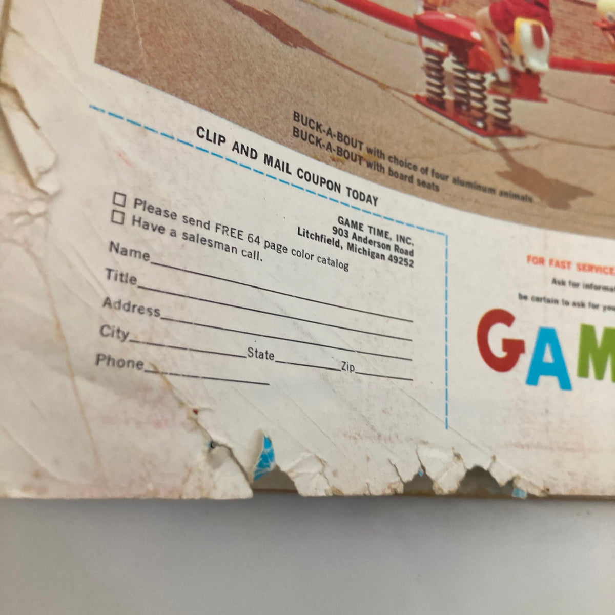 Close-up of the back cover of VTG The Instructor Magazine June 1969, highlighting a mailing coupon for Game Time Inc. and playground equipment details.