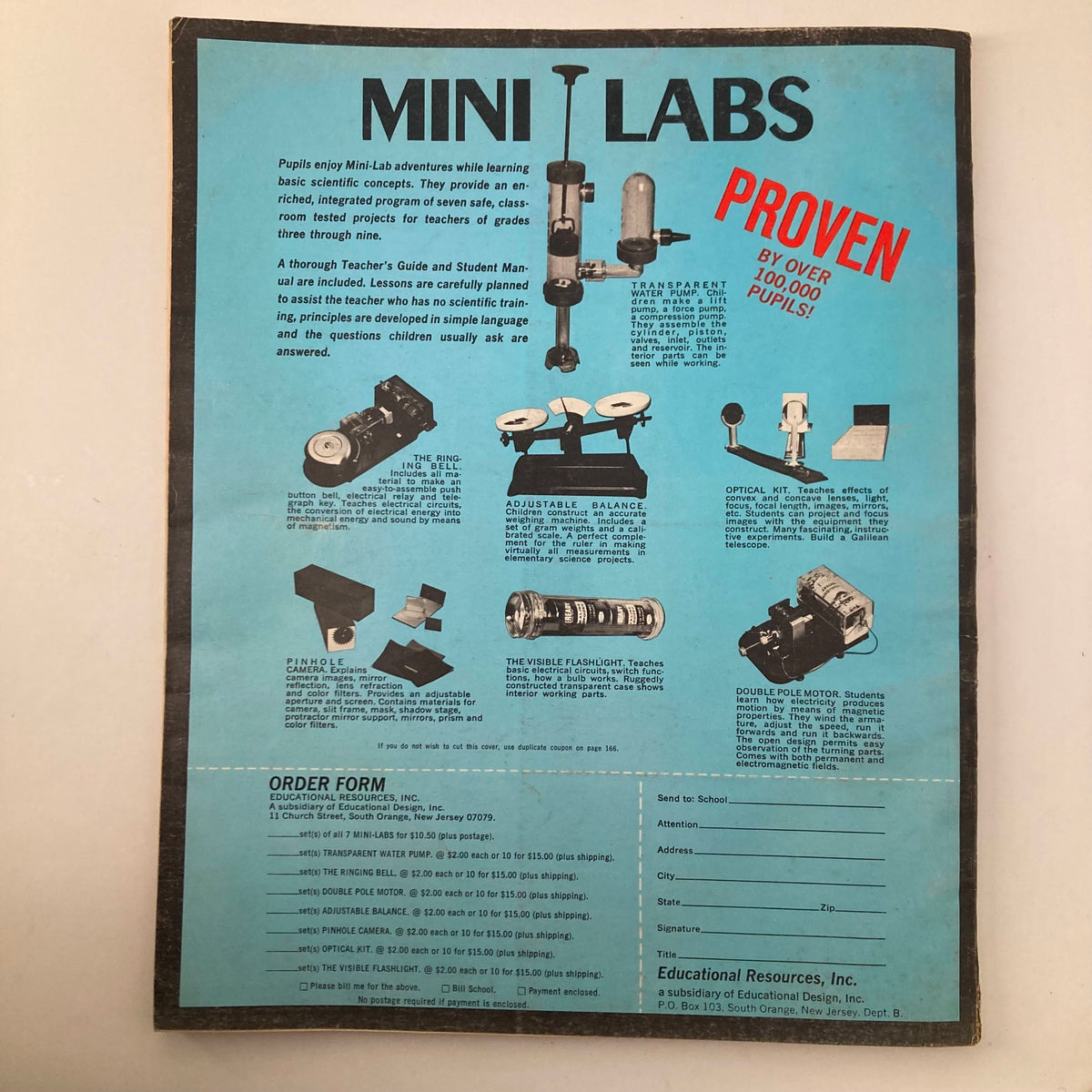 Back cover of the Instructor Magazine March 1970 featuring an advertisement for Mini Labs, highlighting educational science projects and tools for teachers.
