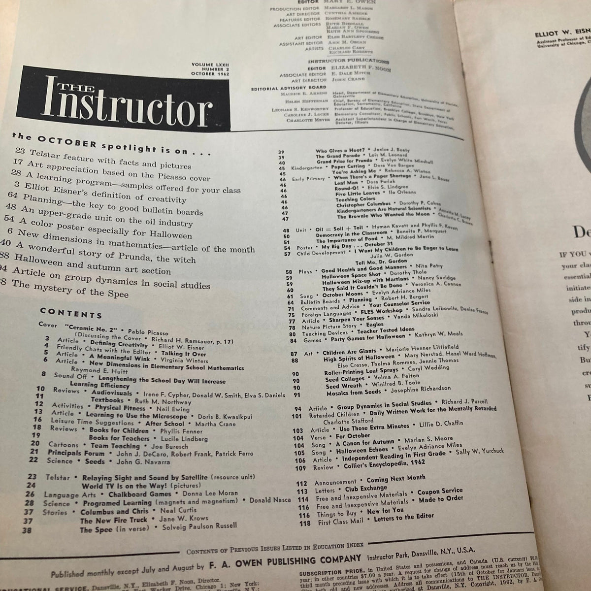 Table of contents from the October 1962 issue of VTG The Instructor Magazine, highlighting various articles and educational topics.