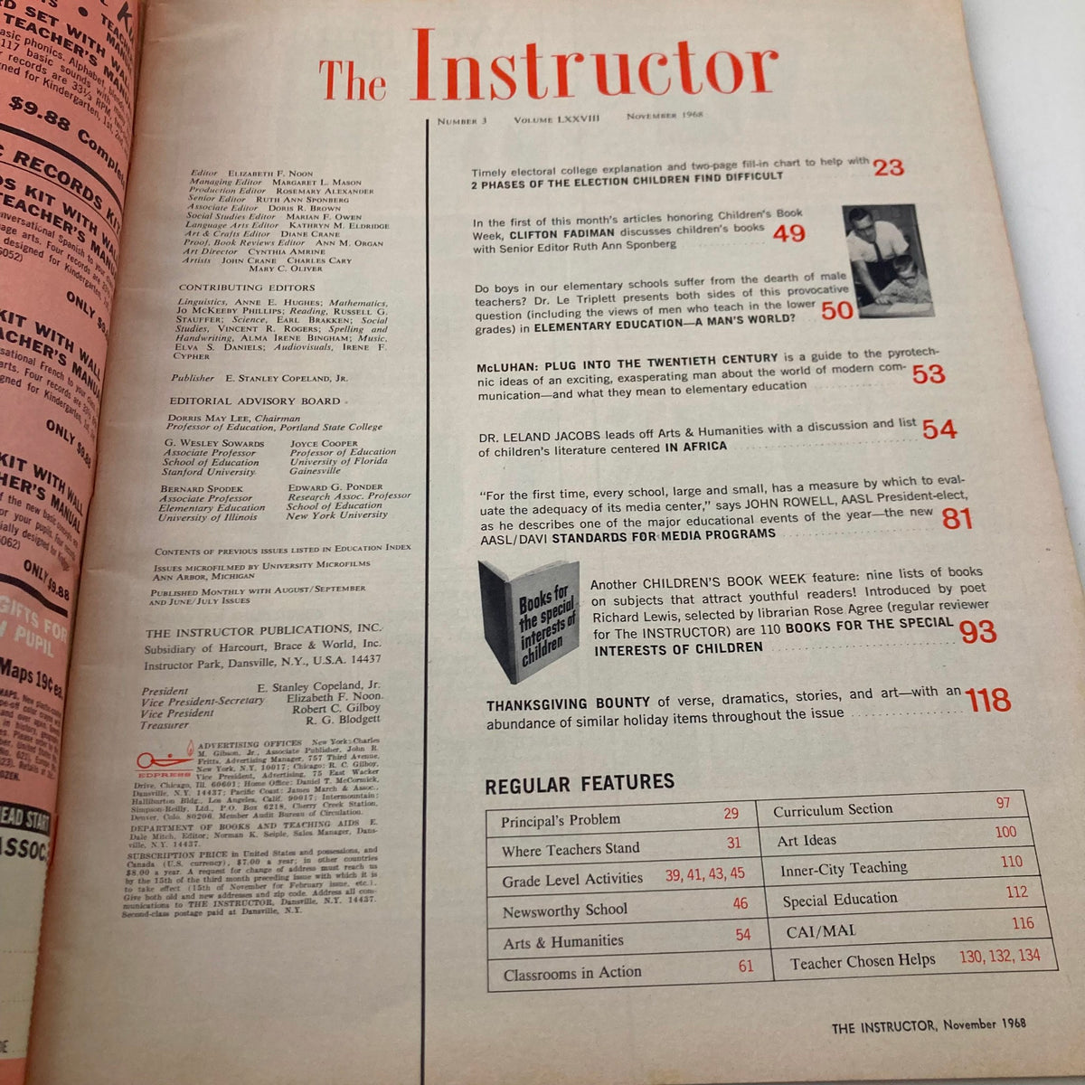 Interior page of VTG The Instructor Magazine from November 1968, featuring articles and content relevant to education and music, including the title 'The Instructor' and details about the magazine's editorial board.
