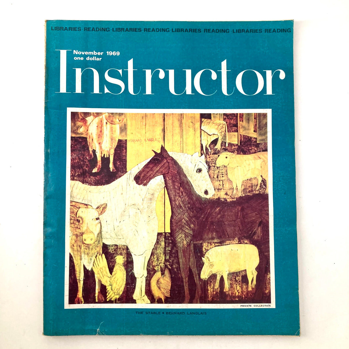 VTG Instructor Magazine November 1969 titled 'The Stable' by Bernard Langlais showcasing a colorful illustration of horses and farm animals on the cover.