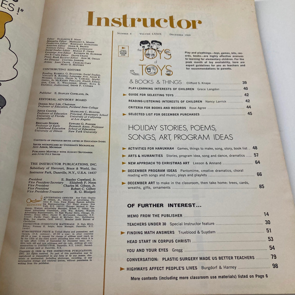 Table of contents page from VTG Instructor Magazine December 1969 showcasing various articles and program ideas for teachers, including holiday stories.