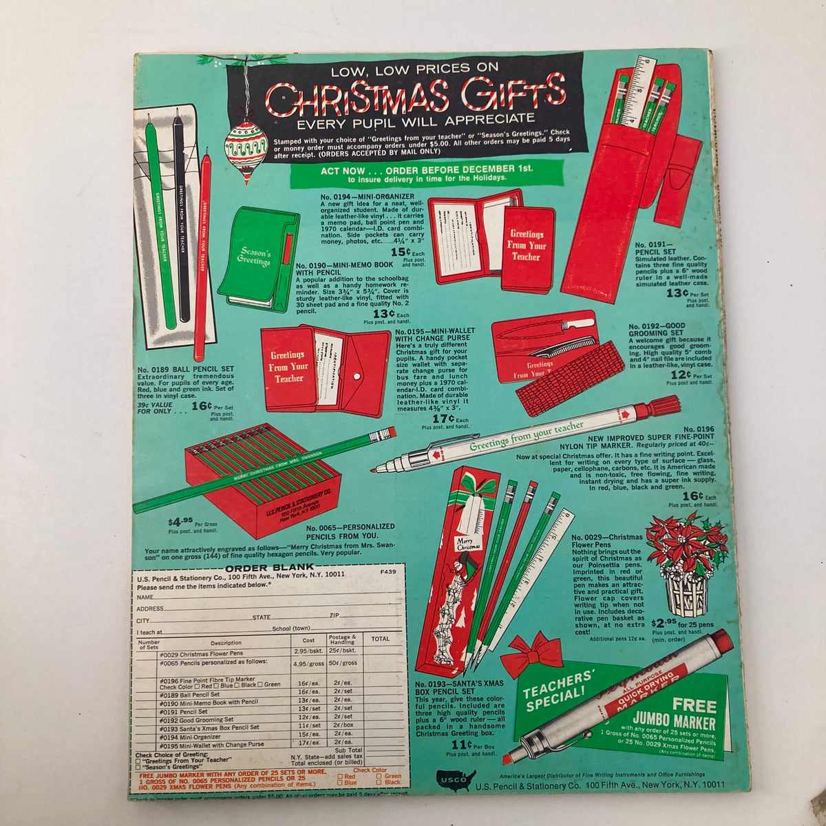Back cover of the VTG Instructor Magazine December 1969 highlighting Christmas gifts and ordering information, featuring colorful stationery items.