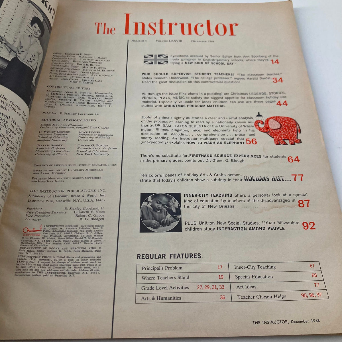 Interior page of VTG Instructor Magazine December 1968, featuring articles and illustrations, showcasing educational topics and insights.