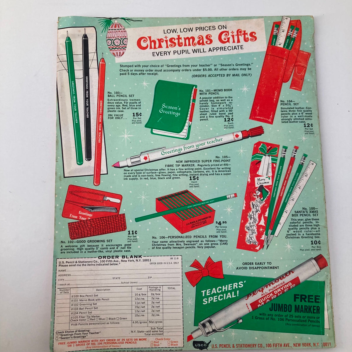 Back cover of VTG Instructor Magazine December 1968 displaying Christmas gift promotions with illustrations of school supplies and stationery.