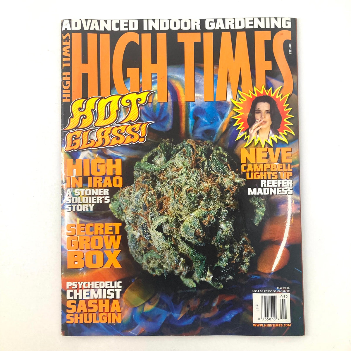 High Times Magazine May 2005 issue #352 featuring Neve Campbell on the cover, highlighting cannabis culture with vibrant colors and eye-catching headlines.