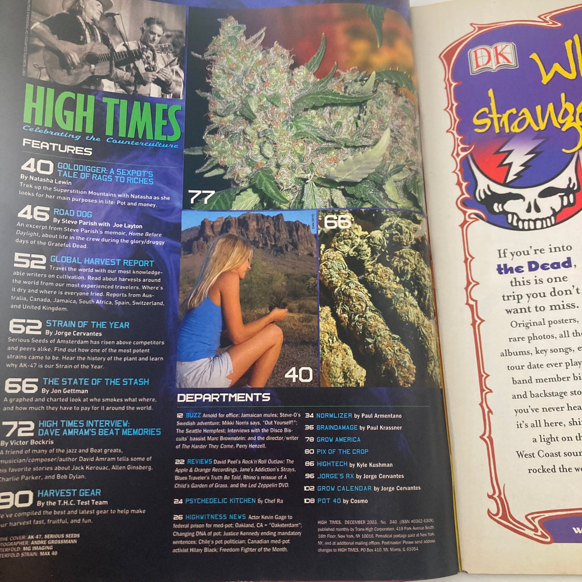 High Times Magazine December 2003 #340 interior page showcasing features, including a list of articles and stunning visuals of cannabis, along with details about the interview with David Amram.