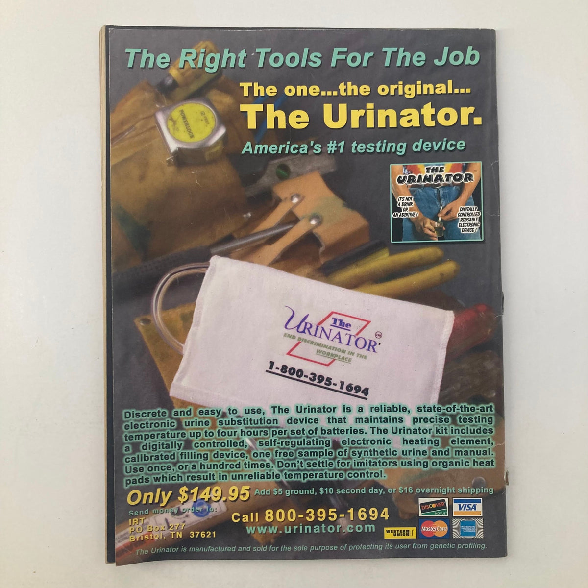 Back cover of High Times Magazine December 2003 #340, advertising 'The Urinator', America's top testing device, highlighting its use and features for cannabis culture enthusiasts.