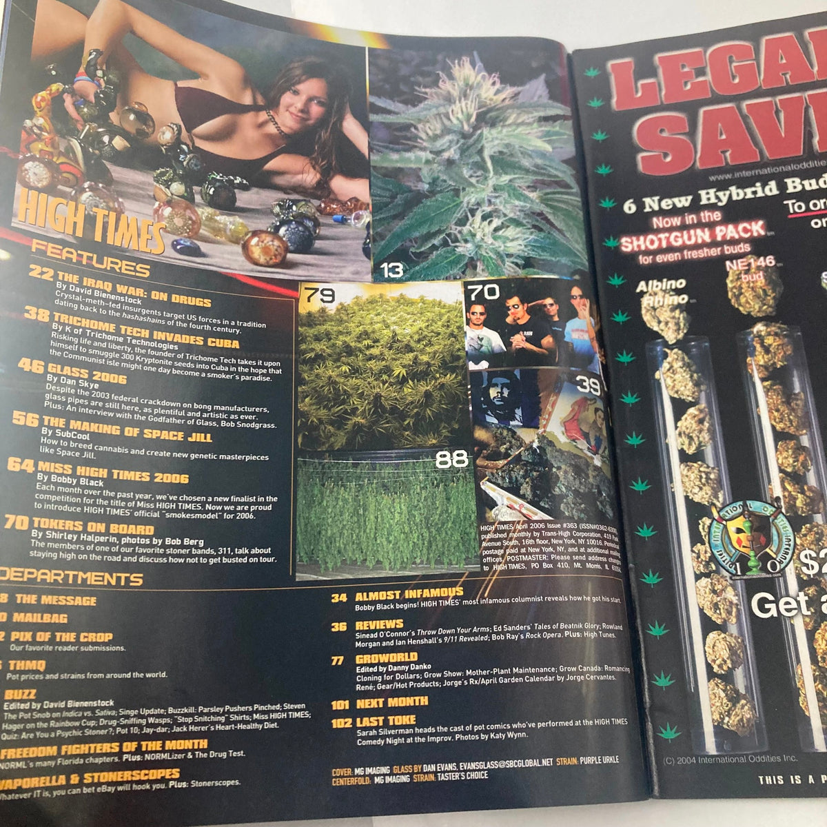 Inside spread of High Times Magazine April 2006, featuring articles on cannabis culture, including visual elements like marijuana buds and a model, highlighting the essence of the issue.