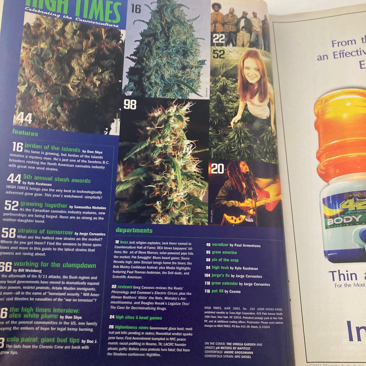 An interior page from High Times Magazine June 2003 #334 displaying cannabis strains, cultivation tips, and vibrant images of marijuana plants.