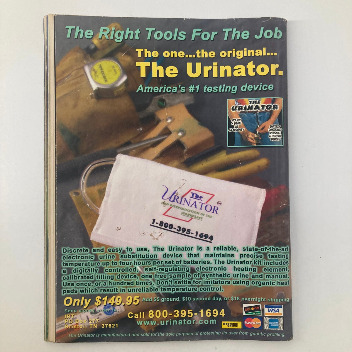 The back cover of High Times Magazine June 2003 #334 advertising 'The Urinator' testing device, focused on providing reliable tools for cannabis enthusiasts.